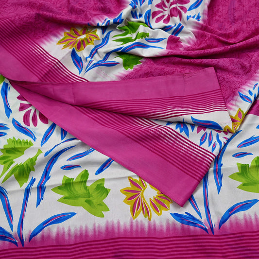 Indian Vintage Sari Ivory & Pink Moss Crepe Printed Sarees 5yd Craft Fabric Sewing Floral Soft Dress making Quilting Crafting Upcycle Used