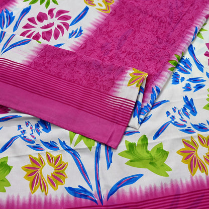 Indian Vintage Sari Ivory & Pink Moss Crepe Printed Sarees 5yd Craft Fabric Sewing Floral Soft Dress making Quilting Crafting Upcycle Used