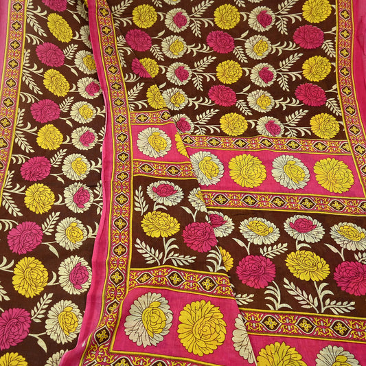 Indian Vintage Sari Brown & Pink Printed Saree Pure Cotton Craft Fabric Soft 5Yd Sewing Sarong Wrap Boho Floral Dress Making Quilting