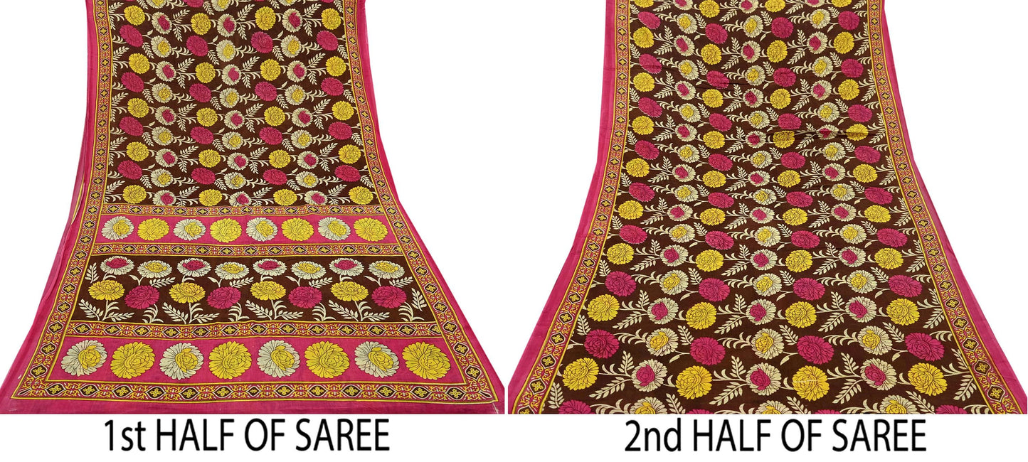 Indian Vintage Sari Brown & Pink Printed Saree Pure Cotton Craft Fabric Soft 5Yd Sewing Sarong Wrap Boho Floral Dress Making Quilting