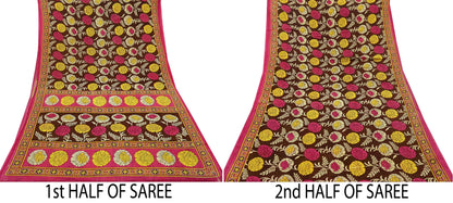 Indian Vintage Sari Brown & Pink Printed Saree Pure Cotton Craft Fabric Soft 5Yd Sewing Sarong Wrap Boho Floral Dress Making Quilting