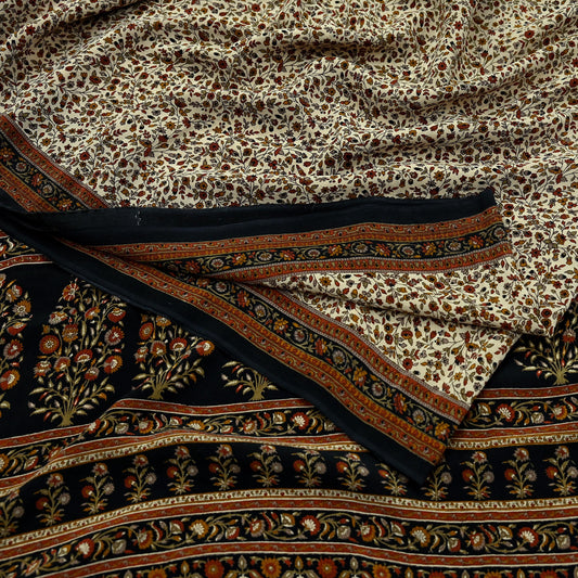 Indian Vintage Beige & Black Saree Pure Crepe Silk Printed Sari Craft Fabric 5yd Sewing Floral Soft Wrap Dress making Crafting Quilting