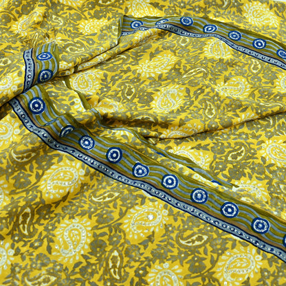 Indian Vintage Sari Gray & Yellow Pure Crepe Silk Hand Embroidered Saree 6yd Sewing Floral Craft Sequins Dress making Crafting Quilting