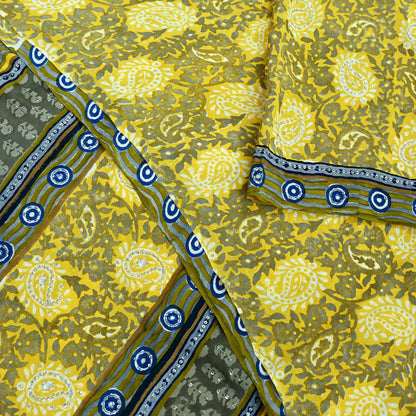 Indian Vintage Sari Gray & Yellow Pure Crepe Silk Hand Embroidered Saree 6yd Sewing Floral Craft Sequins Dress making Crafting Quilting