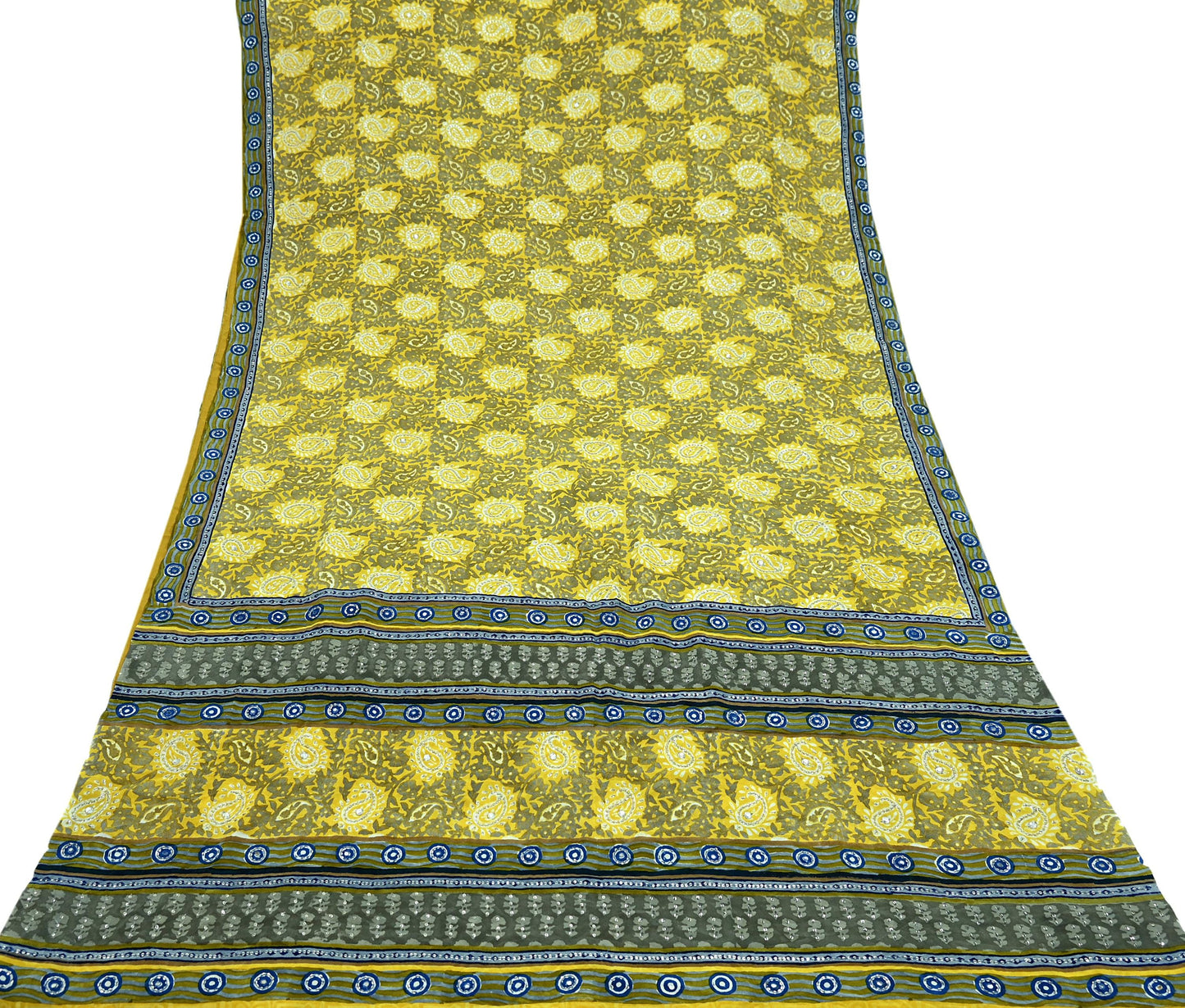 Indian Vintage Sari Gray & Yellow Pure Crepe Silk Hand Embroidered Saree 6yd Sewing Floral Craft Sequins Dress making Crafting Quilting