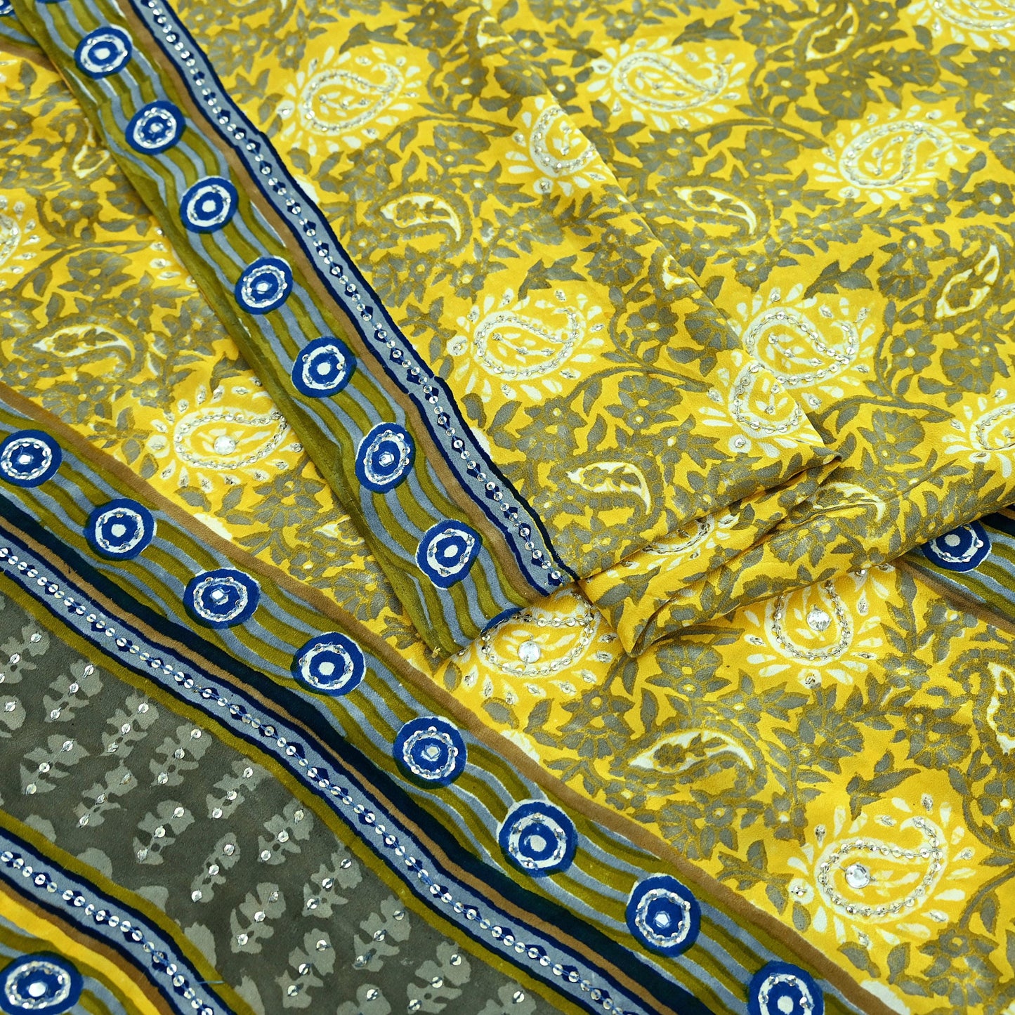 Indian Vintage Sari Gray & Yellow Pure Crepe Silk Hand Embroidered Saree 6yd Sewing Floral Craft Sequins Dress making Crafting Quilting