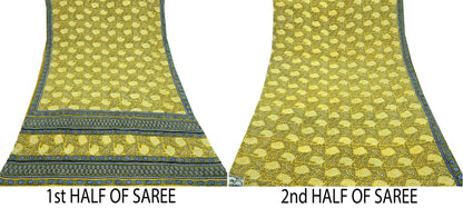 Indian Vintage Sari Gray & Yellow Pure Crepe Silk Hand Embroidered Saree 6yd Sewing Floral Craft Sequins Dress making Crafting Quilting