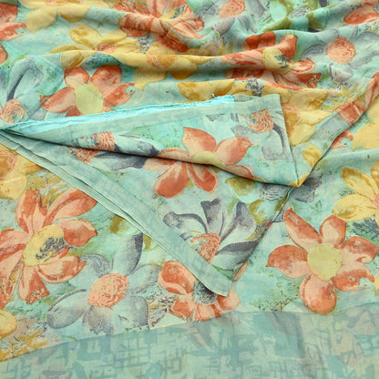 Indian Vintage Sari Green Pure Georgette Silk Printed Sarees Craft Fabric Sewing 6Yd Soft Sari Dress Making Crafting Quilting Upcycle