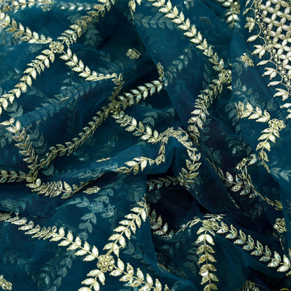 Indian Pre-owned Heavy Dupatta Blue Net Long Stole Hand Embroidered By Designer Abu Jani Scarves Bridal Veil