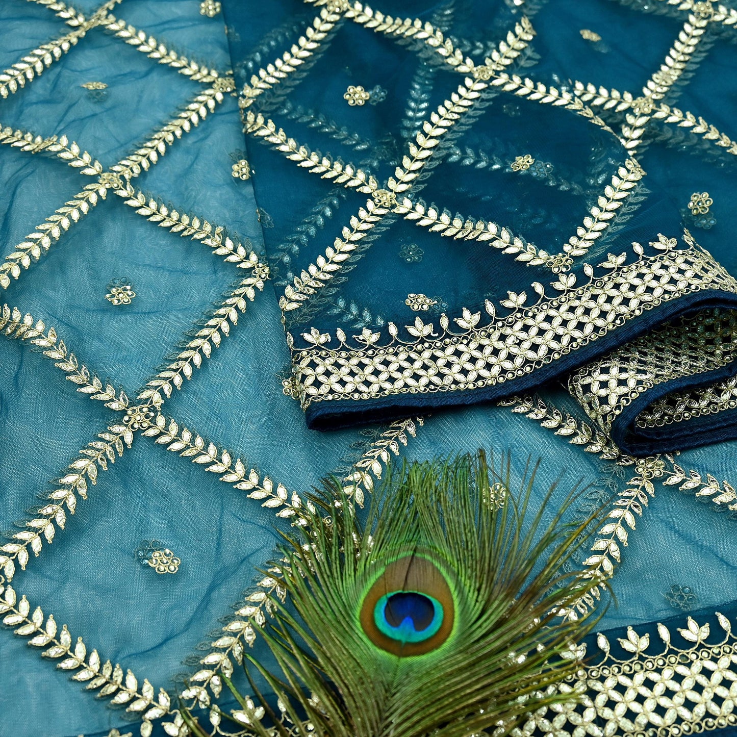 Indian Pre-owned Heavy Dupatta Blue Net Long Stole Hand Embroidered By Designer Abu Jani Scarves Bridal Veil