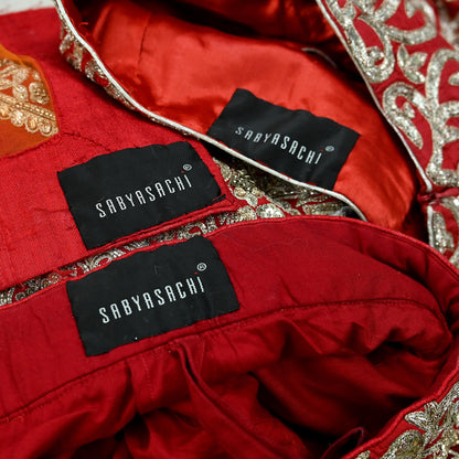 Indian Pre-owned Heavy Red & Orange Pure Chanderi Silk/Net Hand Embroidered Lehenga 3pcs Set By Designer Sabyasachi Bridal Wear With Blouse