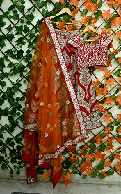 Indian Pre-owned Heavy Red & Orange Pure Chanderi Silk/Net Hand Embroidered Lehenga 3pcs Set By Designer Sabyasachi Bridal Wear With Blouse