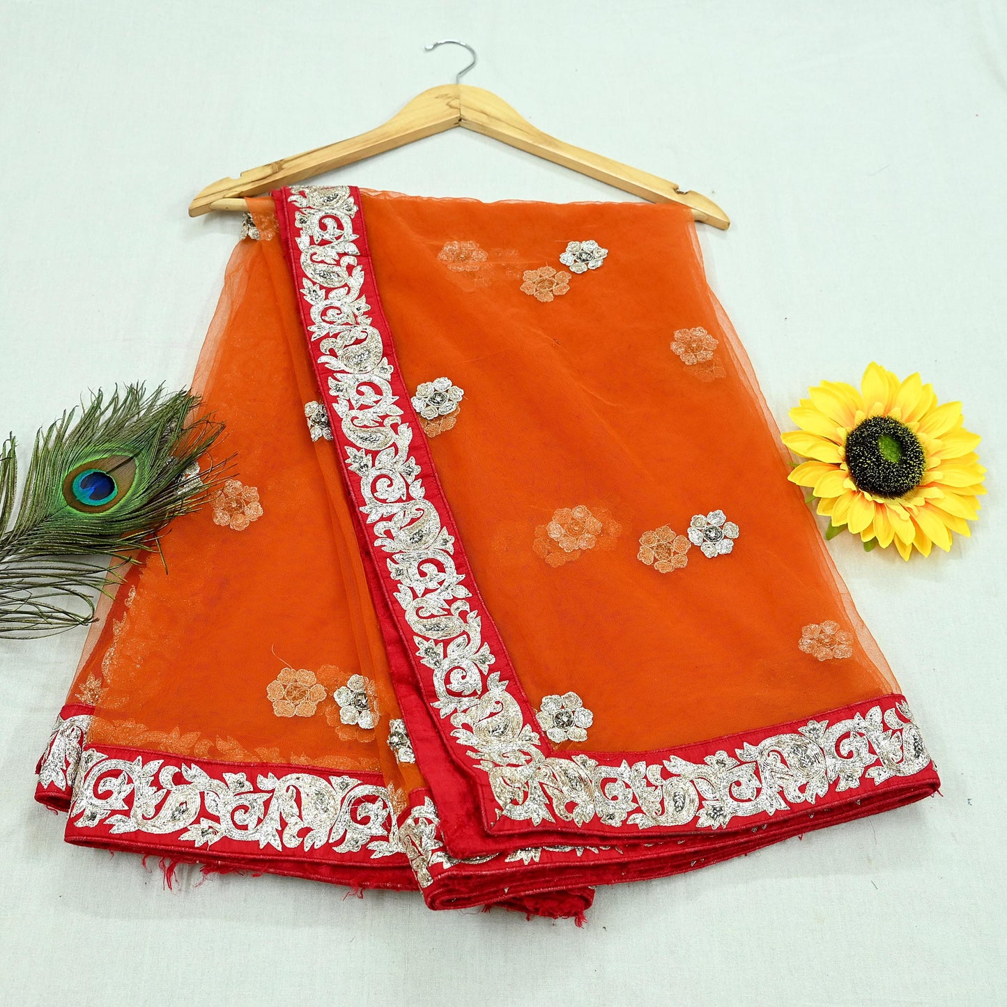 Indian Pre-owned Heavy Wedding Dupatta Orange Net Long Stole Hand Embroidered By Designer Sabyasachi Scarves Zardozi Bridal Veil