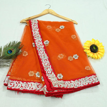 Indian Pre-owned Heavy Wedding Dupatta Orange Net Long Stole Hand Embroidered By Designer Sabyasachi Scarves Zardozi Bridal Veil