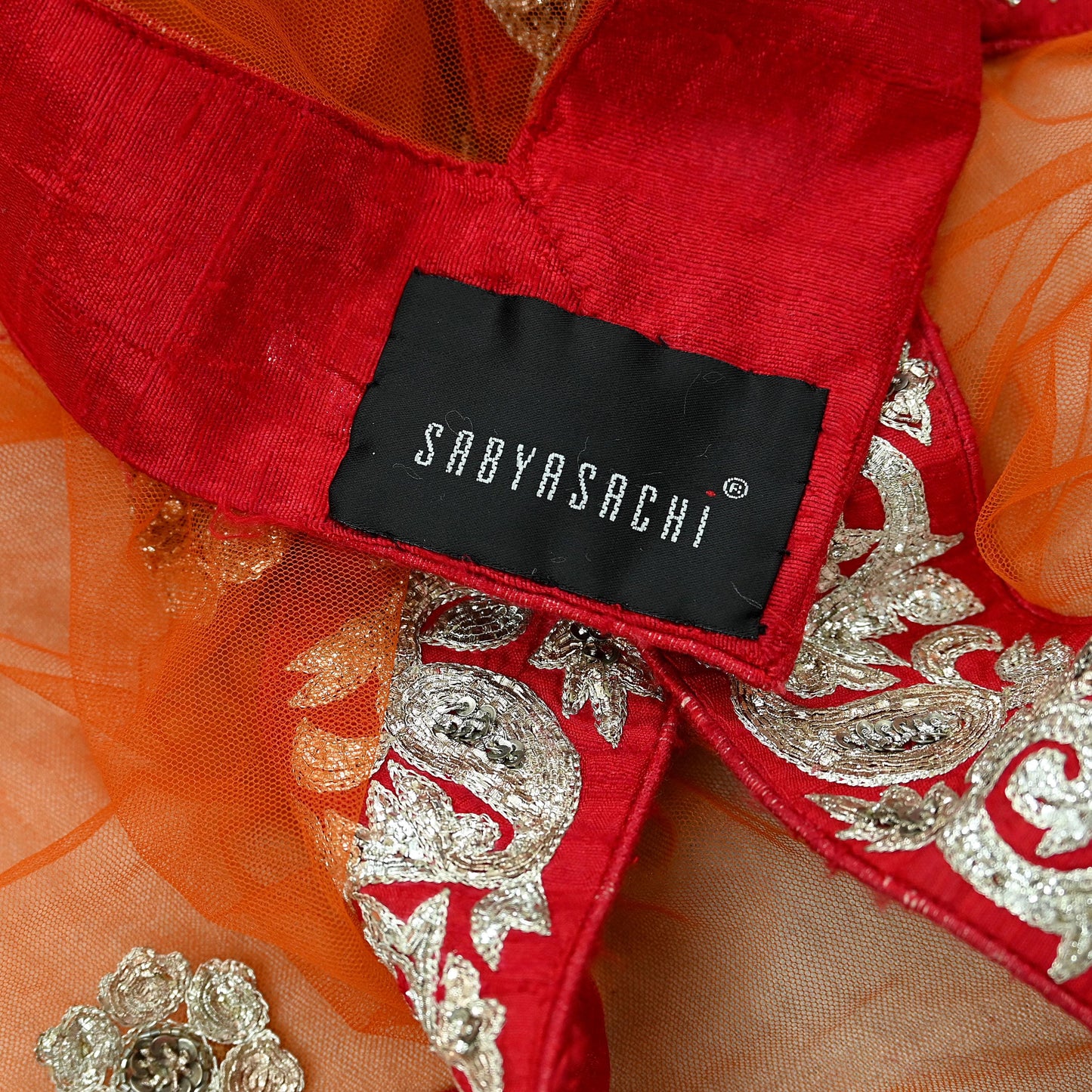 Indian Pre-owned Heavy Wedding Dupatta Orange Net Long Stole Hand Embroidered By Designer Sabyasachi Scarves Zardozi Bridal Veil