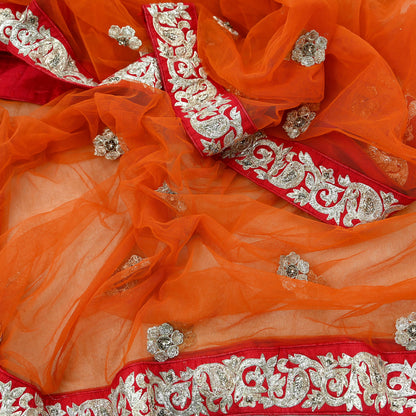 Indian Pre-owned Heavy Wedding Dupatta Orange Net Long Stole Hand Embroidered By Designer Sabyasachi Scarves Zardozi Bridal Veil