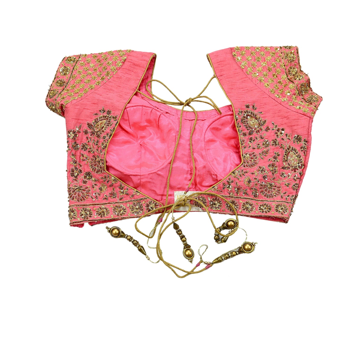 Indian Pre-owned Green & Pink Pure Chanderi Silk Hand Embroidered By Designer Abu Jani Padded Blouse/Top/Crop M Size Party wear Bollywood