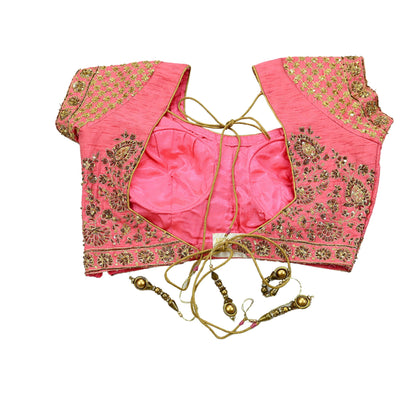 Indian Pre-owned Green & Pink Pure Chanderi Silk Hand Embroidered By Designer Abu Jani Padded Blouse/Top/Crop M Size Party wear Bollywood