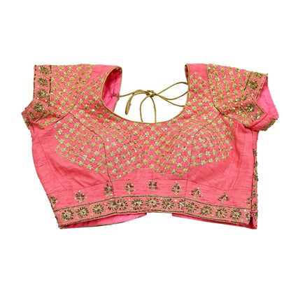 Indian Pre-owned Green & Pink Pure Chanderi Silk Hand Embroidered By Designer Abu Jani Padded Blouse/Top/Crop M Size Party wear Bollywood