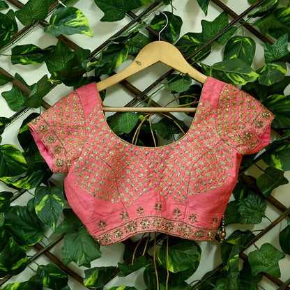 Indian Pre-owned Green & Pink Pure Chanderi Silk Hand Embroidered By Designer Abu Jani Padded Blouse/Top/Crop M Size Party wear Bollywood