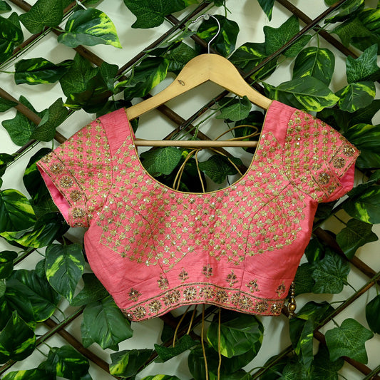 Indian Pre-owned Green & Pink Pure Chanderi Silk Hand Embroidered By Designer Abu Jani Padded Blouse/Top/Crop M Size Party wear Bollywood