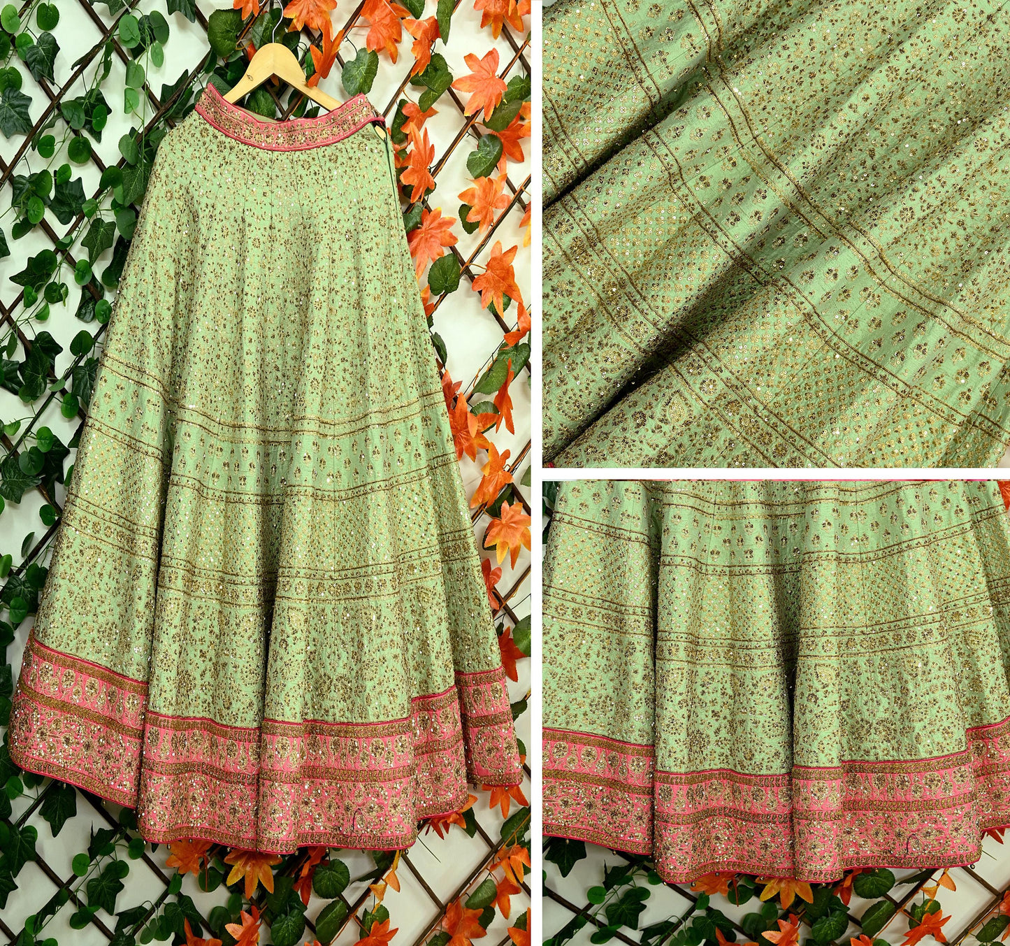 Indian Pre-owned Pink & Green Heavy Wedding Pure chhanderi Silk Hand Embroidered Lehenga/Skirt Designer By Abu Jani Zardozi Bridal Wear