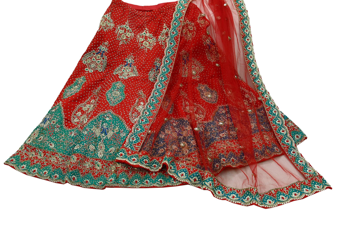 Indian Pre-owned Heavy Wedding Red Pure Satin Silk & Net Hand Embroidered Lehenga/Dupatta Designer By Anamika Khanna Bridal Wear