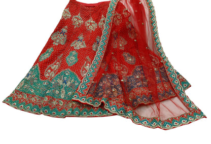 Indian Pre-owned Heavy Wedding Red Pure Satin Silk & Net Hand Embroidered Lehenga/Dupatta Designer By Anamika Khanna Bridal Wear