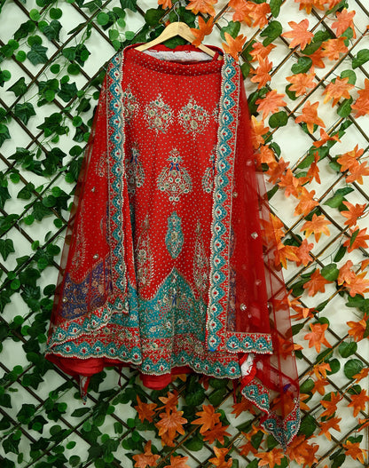 Indian Pre-owned Heavy Wedding Red Pure Satin Silk & Net Hand Embroidered Lehenga/Dupatta Designer By Anamika Khanna Bridal Wear