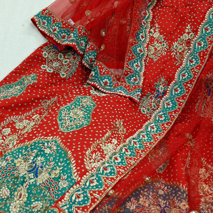 Indian Pre-owned Heavy Wedding Red Pure Satin Silk & Net Hand Embroidered Lehenga/Dupatta Designer By Anamika Khanna Bridal Wear