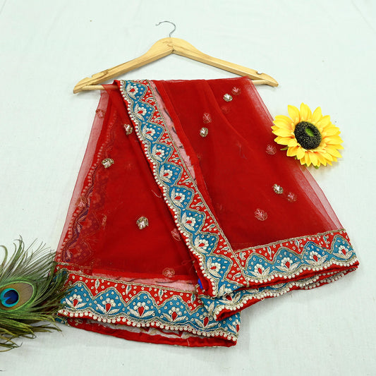 Indian Pre-owned Heavy Wedding Red Net/Mesh/ Velvet Hand Embroidered Lehenga/Dupatta Designer By Anamika Khanna Bridal Wear