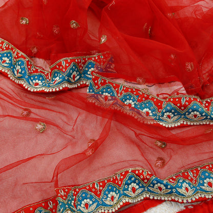 Indian Pre-owned Heavy Wedding Red Net/Mesh/ Velvet Hand Embroidered Lehenga/Dupatta Designer By Anamika Khanna Bridal Wear