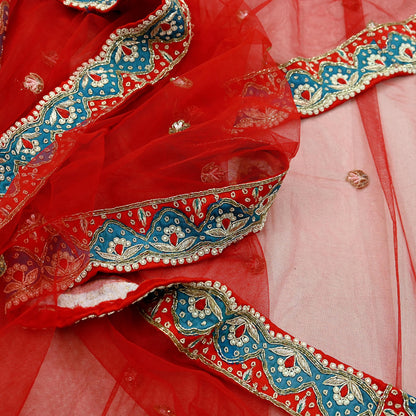 Indian Pre-owned Heavy Wedding Red Net/Mesh/ Velvet Hand Embroidered Lehenga/Dupatta Designer By Anamika Khanna Bridal Wear