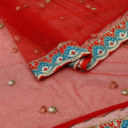 Indian Pre-owned Heavy Wedding Red Net/Mesh/ Velvet Hand Embroidered Lehenga/Dupatta Designer By Anamika Khanna Bridal Wear