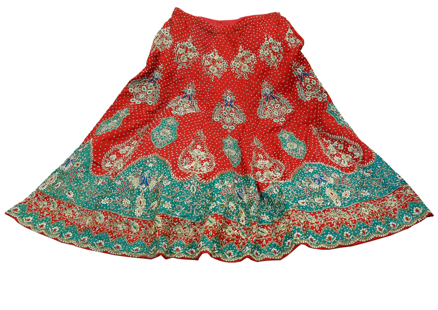 Indian Pre-owned Heavy Wedding Hand Embroidered Designer By Anamika Khanna Lehenga/Skirt Bridal Wear Red Pure Satin Silk