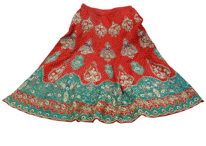 Indian Pre-owned Heavy Wedding Hand Embroidered Designer By Anamika Khanna Lehenga/Skirt Bridal Wear Red Pure Satin Silk