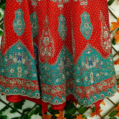 Indian Pre-owned Heavy Wedding Hand Embroidered Designer By Anamika Khanna Lehenga/Skirt Bridal Wear Red Pure Satin Silk