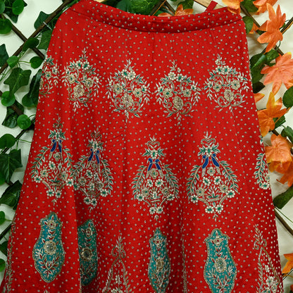 Indian Pre-owned Heavy Wedding Hand Embroidered Designer By Anamika Khanna Lehenga/Skirt Bridal Wear Red Pure Satin Silk