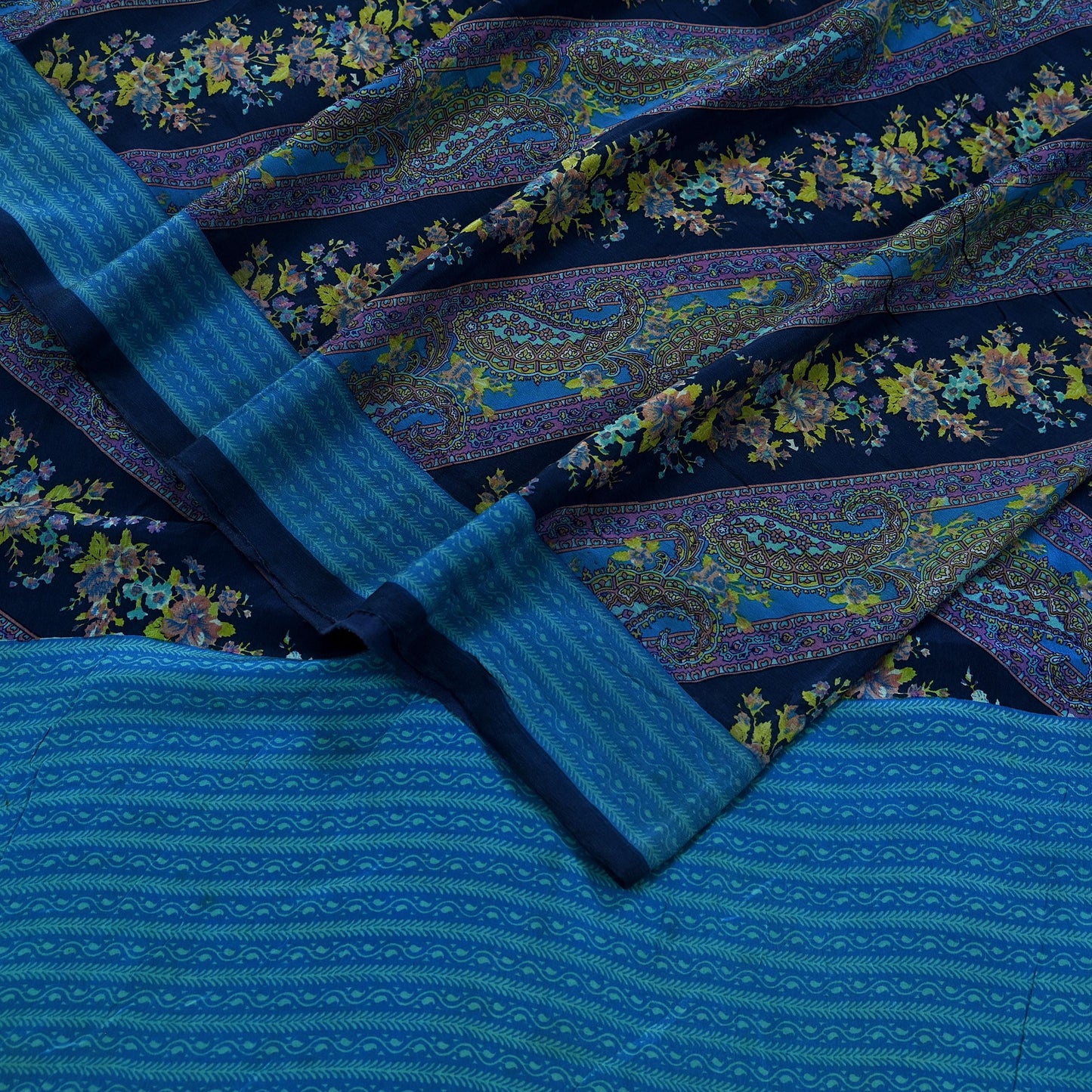 Indian Vintage Blue Saree Pure Crepe Silk Printed Sari Craft Fabric 5yd Sewing Paisley Soft Craft Fabric Wrap Dress making Quilting Upcycle