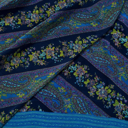 Indian Vintage Blue Saree Pure Crepe Silk Printed Sari Craft Fabric 5yd Sewing Paisley Soft Craft Fabric Wrap Dress making Quilting Upcycle