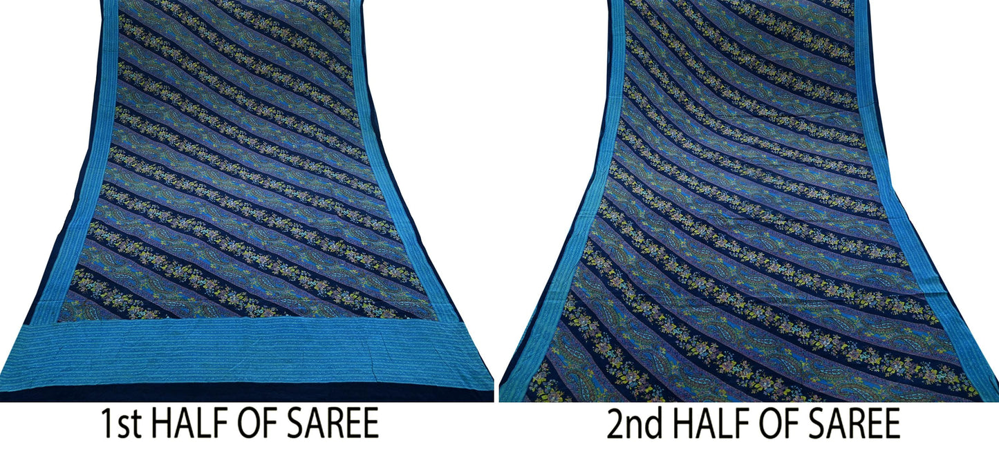 Indian Vintage Blue Saree Pure Crepe Silk Printed Sari Craft Fabric 5yd Sewing Paisley Soft Craft Fabric Wrap Dress making Quilting Upcycle