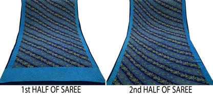 Indian Vintage Blue Saree Pure Crepe Silk Printed Sari Craft Fabric 5yd Sewing Paisley Soft Craft Fabric Wrap Dress making Quilting Upcycle