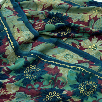 Indian Vintage Sari Green Pure Georgette Silk Printed Sarees Craft Fabric Sewing 5Yd Soft Sari Dress Making Crafting Quilting Upcycle