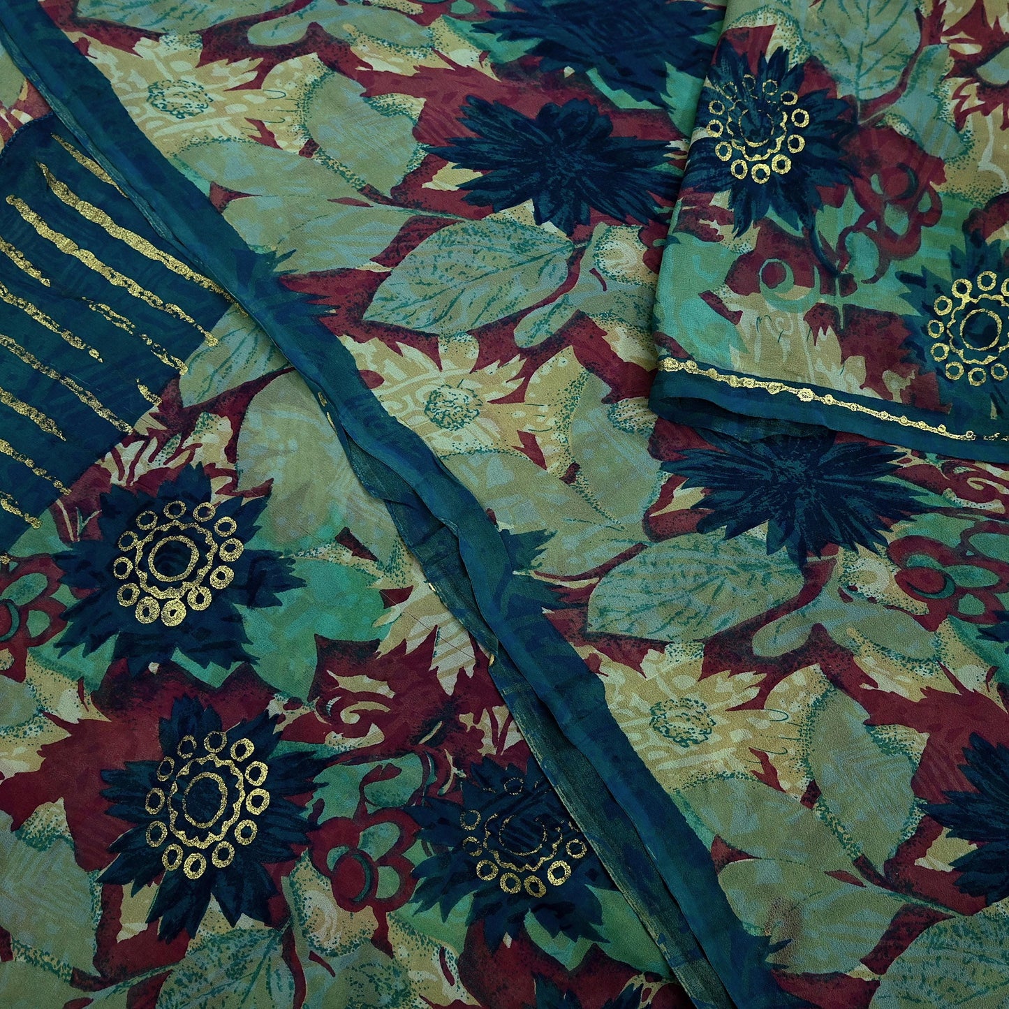 Indian Vintage Sari Green Pure Georgette Silk Printed Sarees Craft Fabric Sewing 5Yd Soft Sari Dress Making Crafting Quilting Upcycle