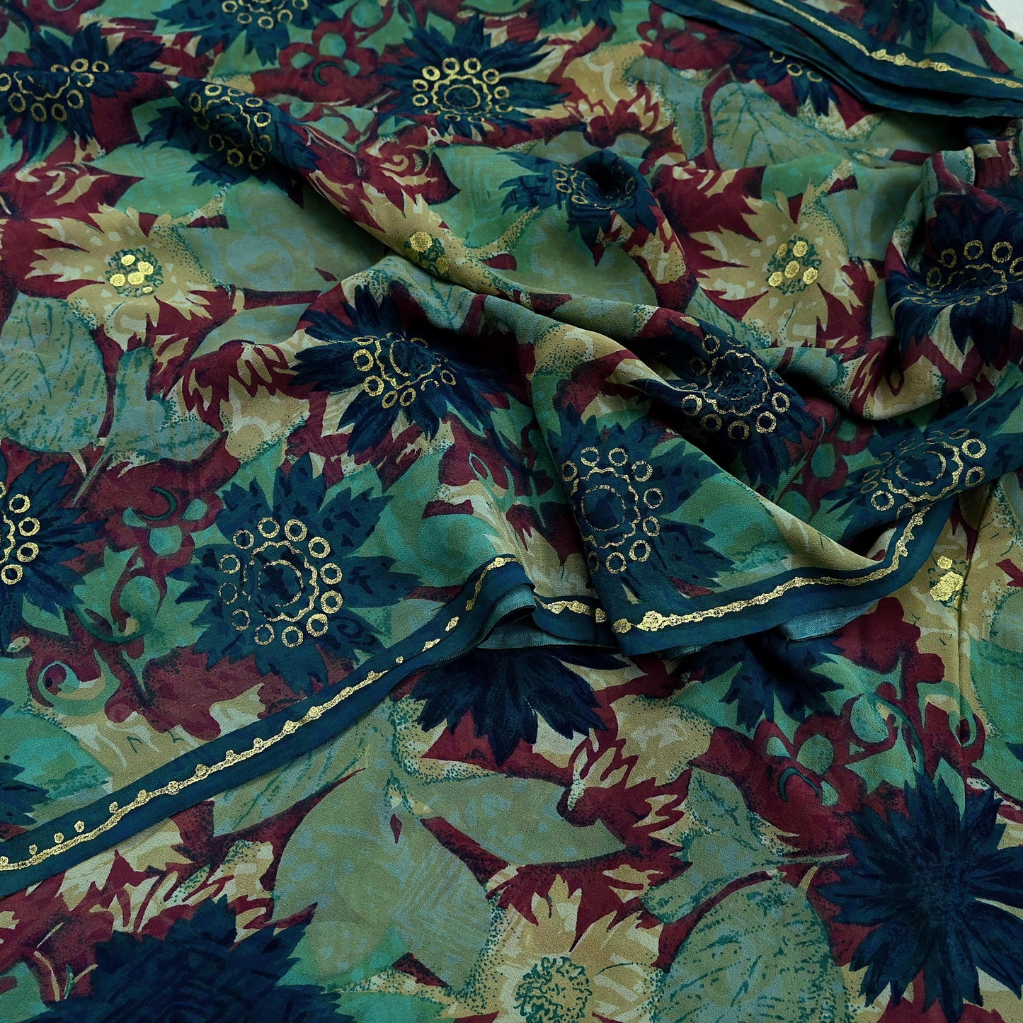 Indian Vintage Sari Green Pure Georgette Silk Printed Sarees Craft Fabric Sewing 5Yd Soft Sari Dress Making Crafting Quilting Upcycle