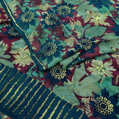 Indian Vintage Sari Green Pure Georgette Silk Printed Sarees Craft Fabric Sewing 5Yd Soft Sari Dress Making Crafting Quilting Upcycle