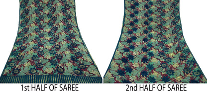 Indian Vintage Sari Green Pure Georgette Silk Printed Sarees Craft Fabric Sewing 5Yd Soft Sari Dress Making Crafting Quilting Upcycle