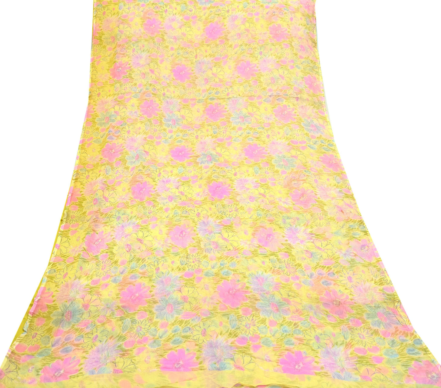 Indian Women Vintage Yellow Saree Pure Chiffon Silk Printed Sari Craft Fabric Sewing 5Yd Soft Light Sari Dress Making Floral