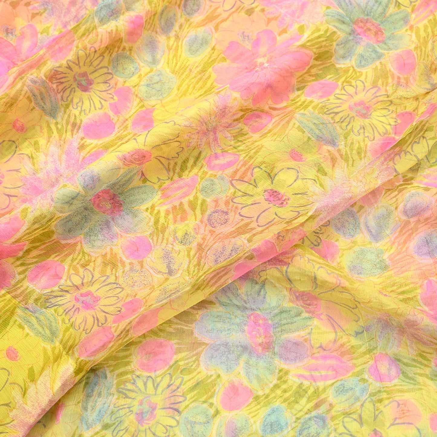 Indian Women Vintage Yellow Saree Pure Chiffon Silk Printed Sari Craft Fabric Sewing 5Yd Soft Light Sari Dress Making Floral