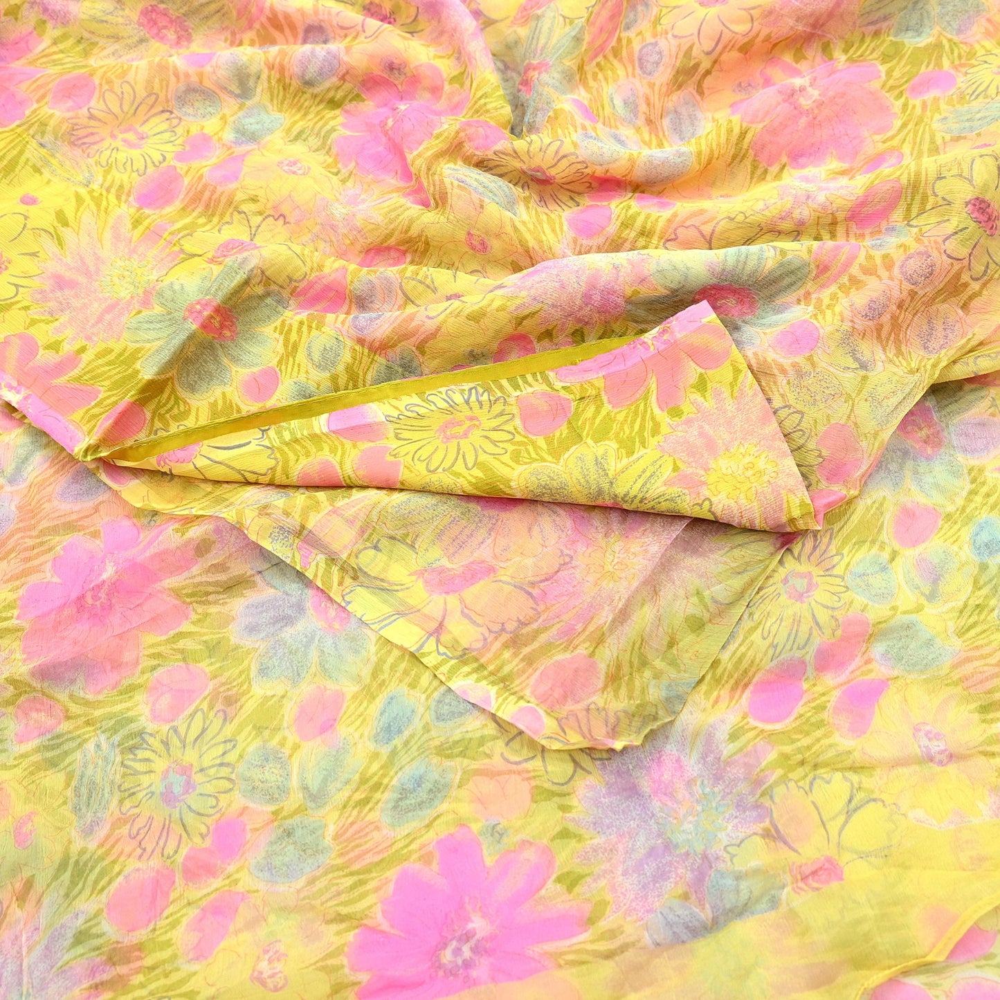 Indian Women Vintage Yellow Saree Pure Chiffon Silk Printed Sari Craft Fabric Sewing 5Yd Soft Light Sari Dress Making Floral